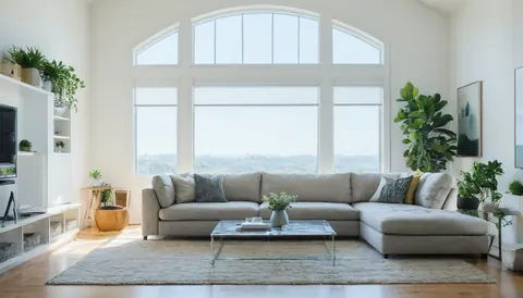 A bright modern living room with a large sectional sofa centered under an arched window overlooking a distant landscape.
