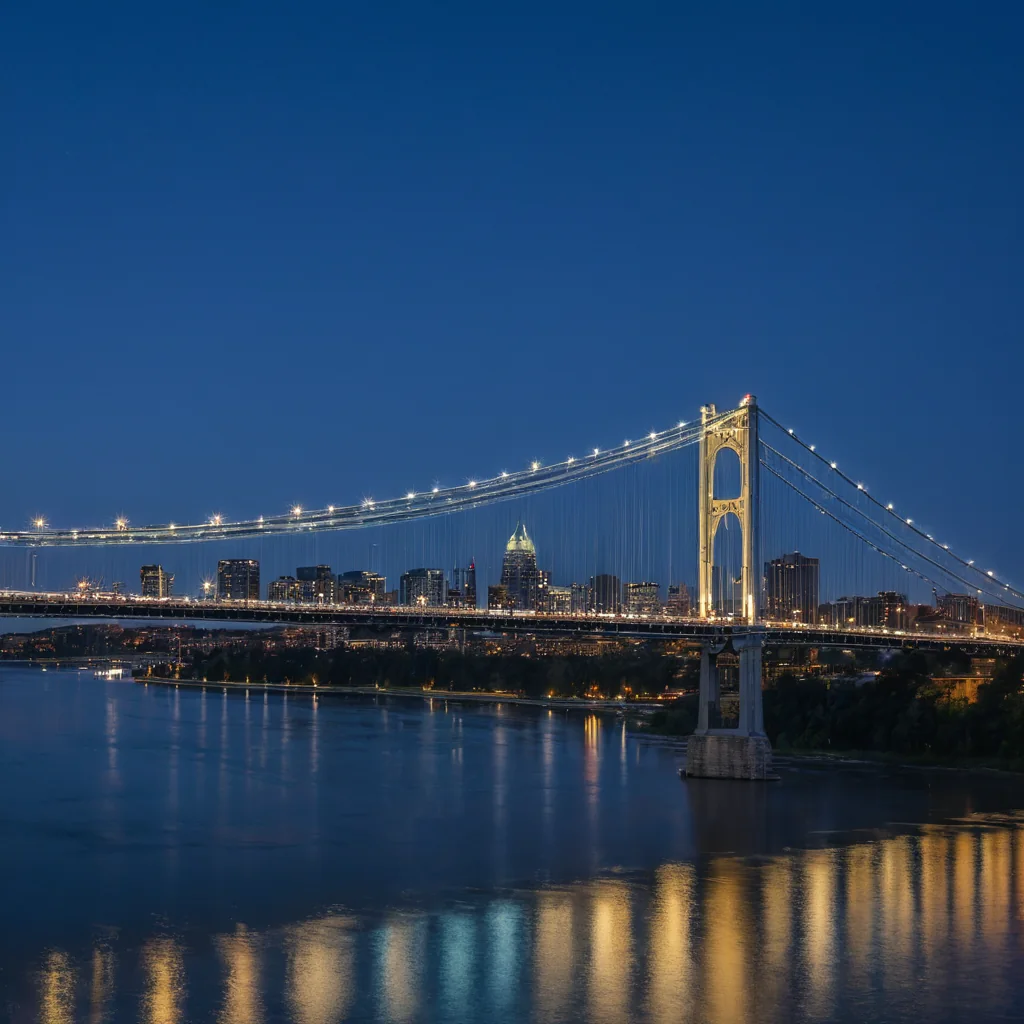 A lit suspension bridge spans a river at night with city lights reflecting on the water.