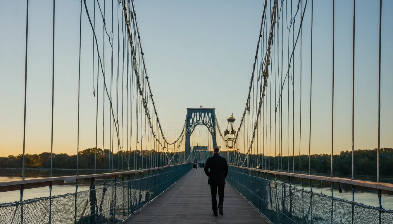 A man in a dark suit walks away on a wooden suspension bridge over a river at sunset.