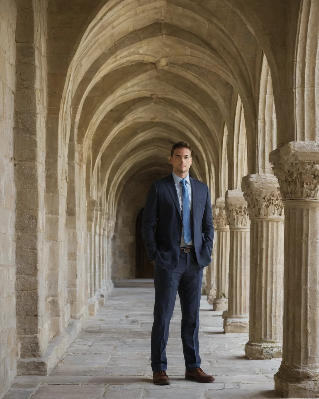A man in a navy suit and blue tie stands in a stone cloister with arches and columns.
