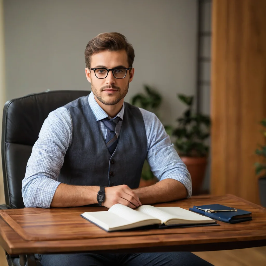 A man in a vest and tie sits at a wooden desk with an open notebook and pen.