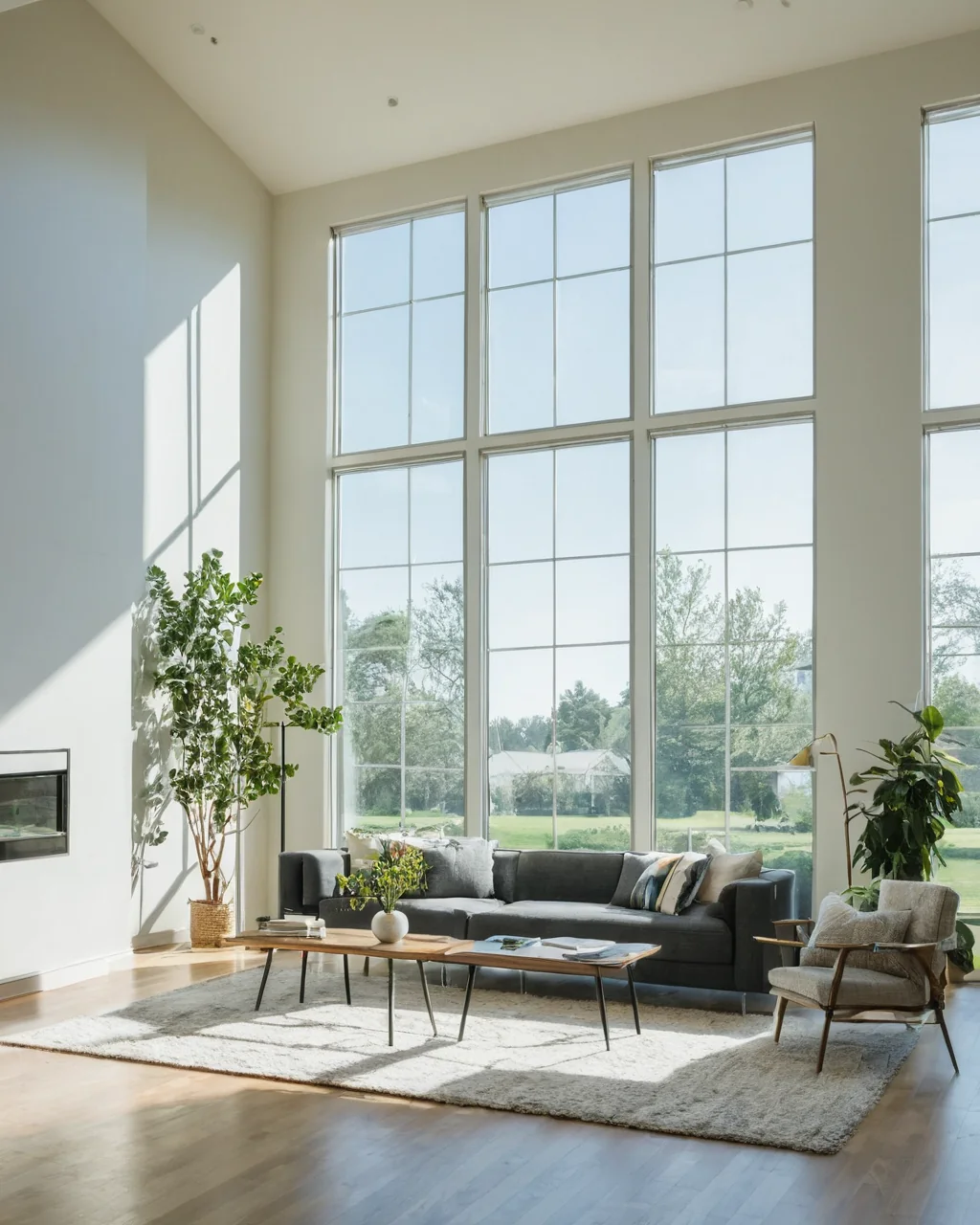 A modern living room with large windows sunlight wooden floor gray sofa and green plants