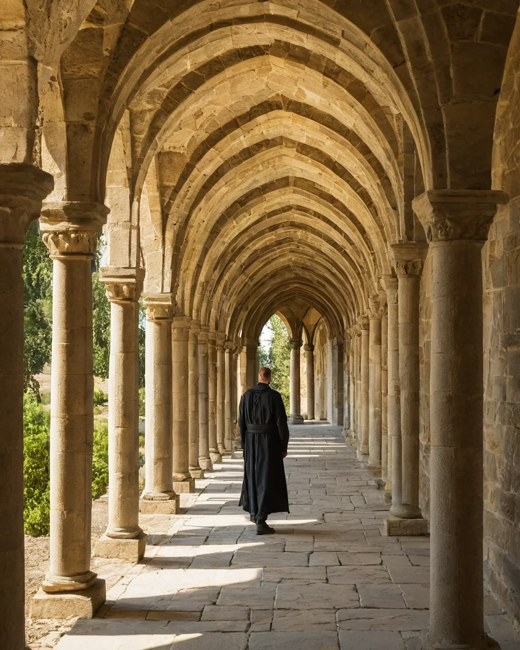 A monk walks through a stone cloister with arched walkways and columns