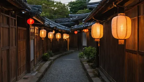 A quiet alley with wooden walls and glowing lanterns at dusk