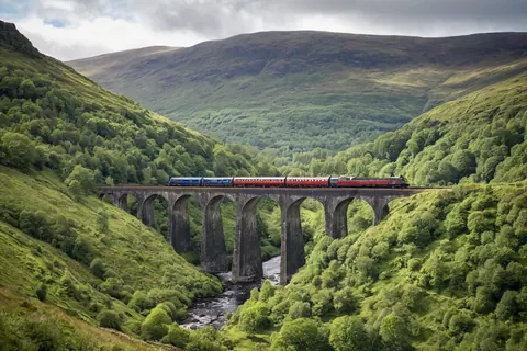 A red and blue train on a stone viaduct over a river in a green valley