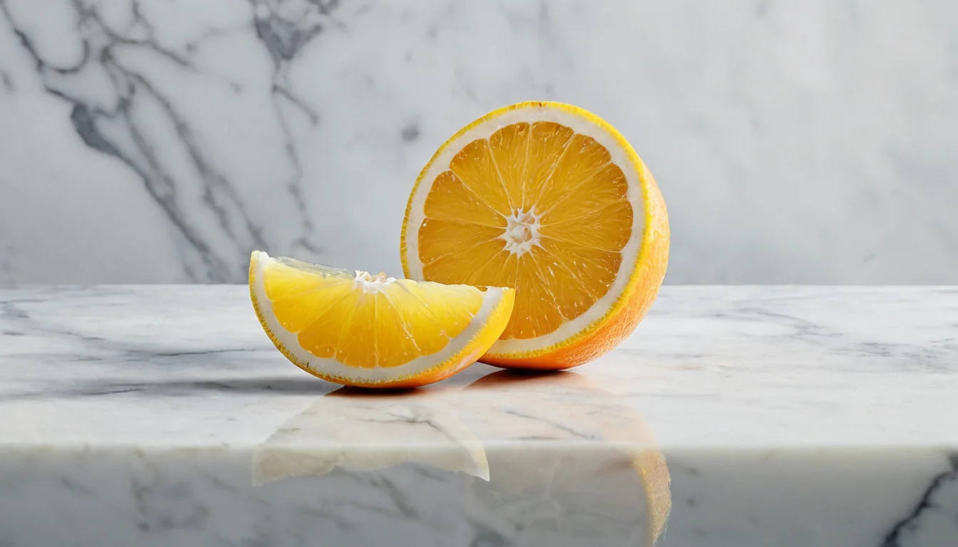 A sliced orange and wedge on a white marble countertop with gray veins.