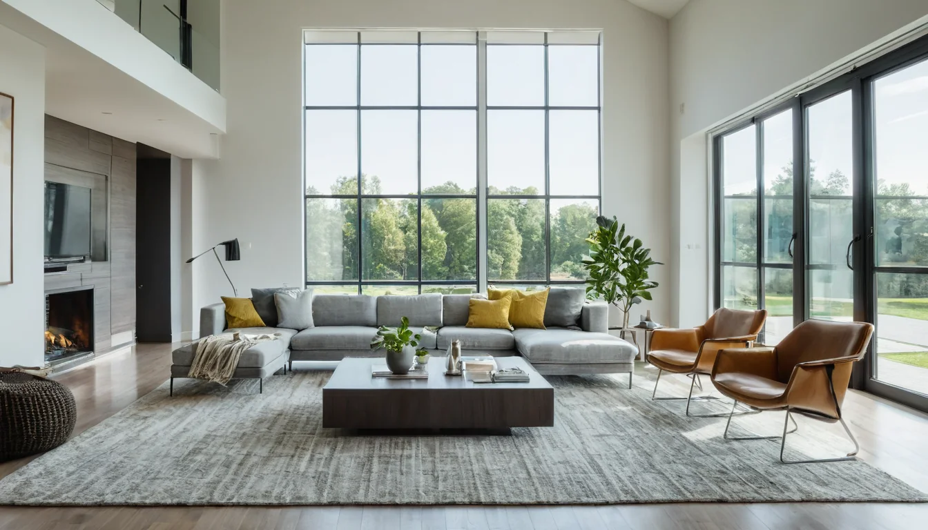 A spacious modern living room with gray sofa yellow pillows leather chairs and large windows showing green trees outside.