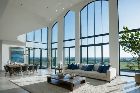 A spacious modern living room with large windows overlooking a green landscape.