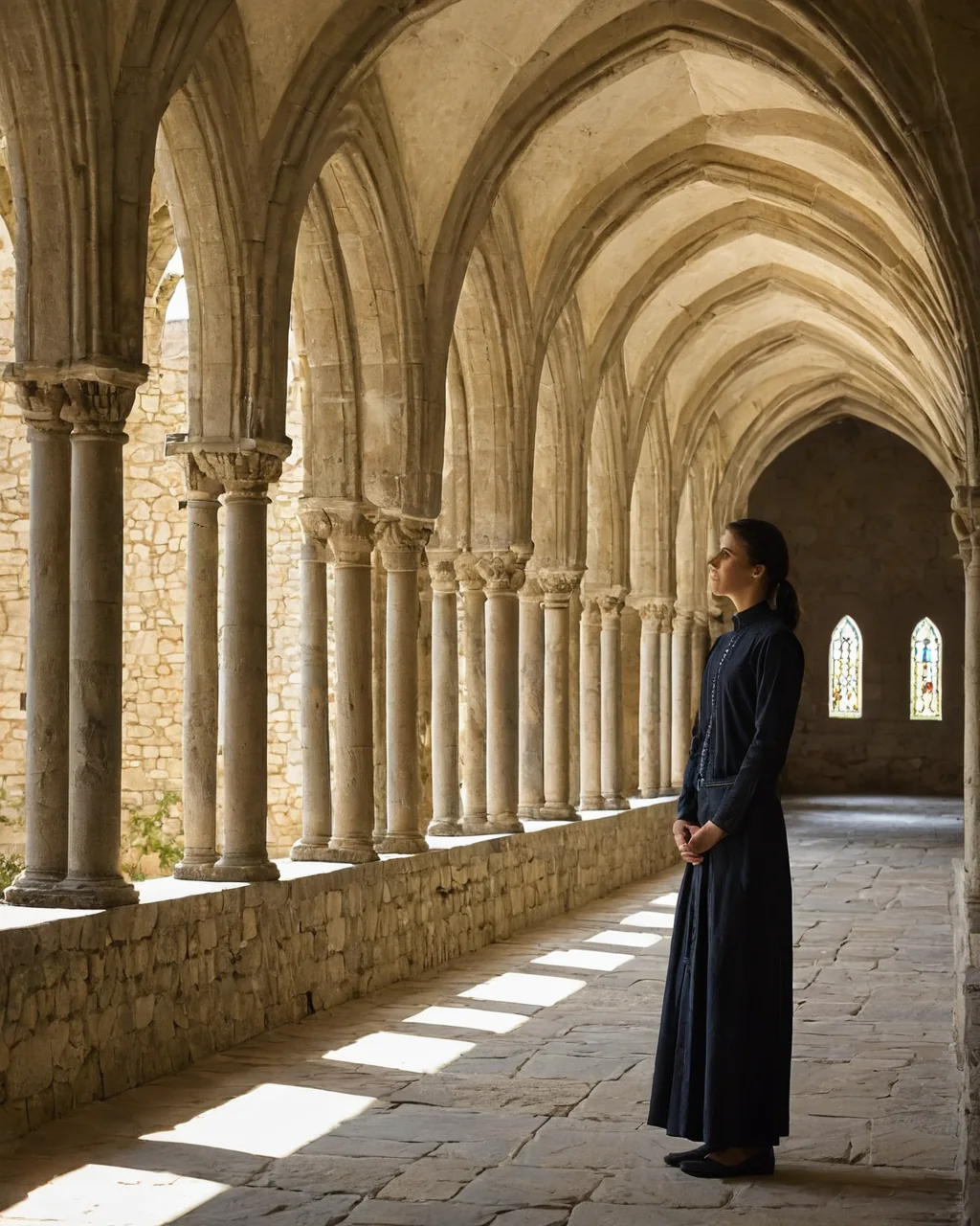 A woman in a dark robe stands in a sunlit stone cloister with pointed arches and stained glass windows.