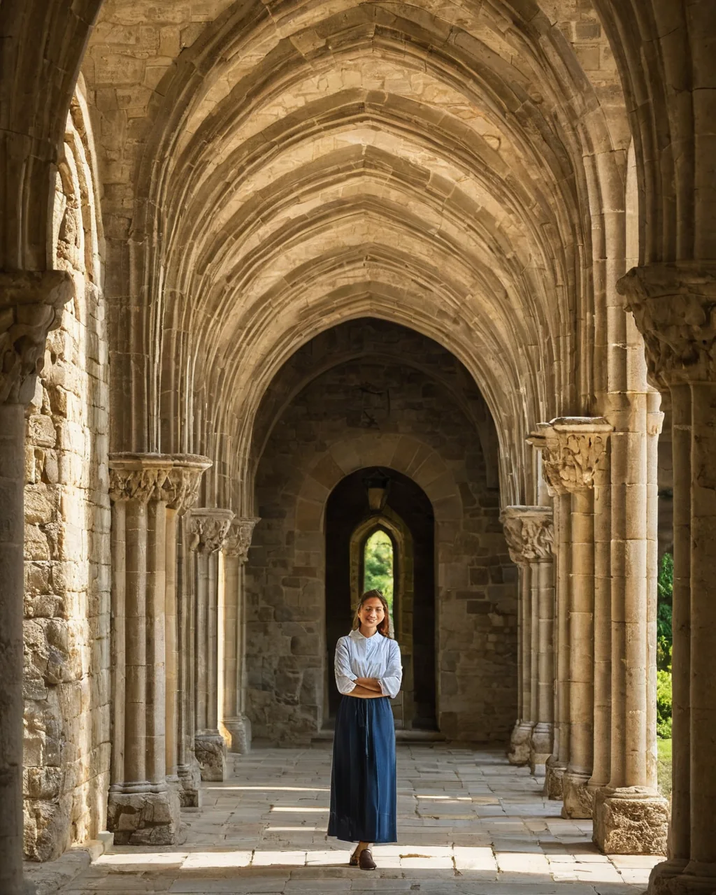 A woman in blue skirt and white blouse stands smiling under a stone cloister archway with sunlight streaming through.
