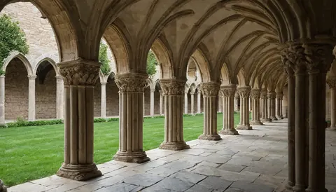 Ancient stone cloister with carved columns and arches surrounding a lush green lawn.