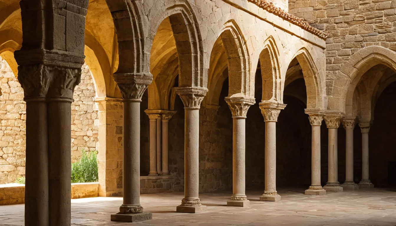Ancient stone columns and arches in a monastery cloister bathed in sunlight.