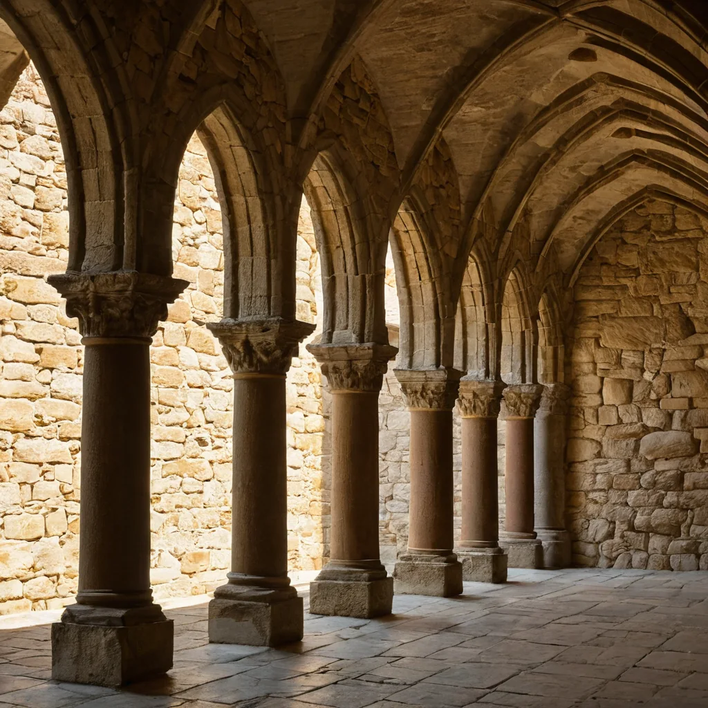 Ancient stone columns and arches in a sunlit monastery cloister