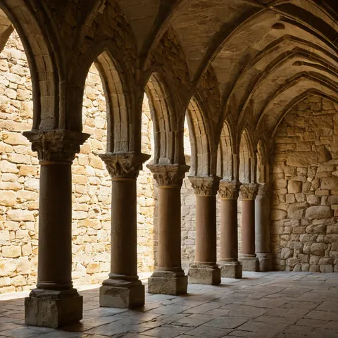 Ancient stone columns and arches in a sunlit monastery cloister