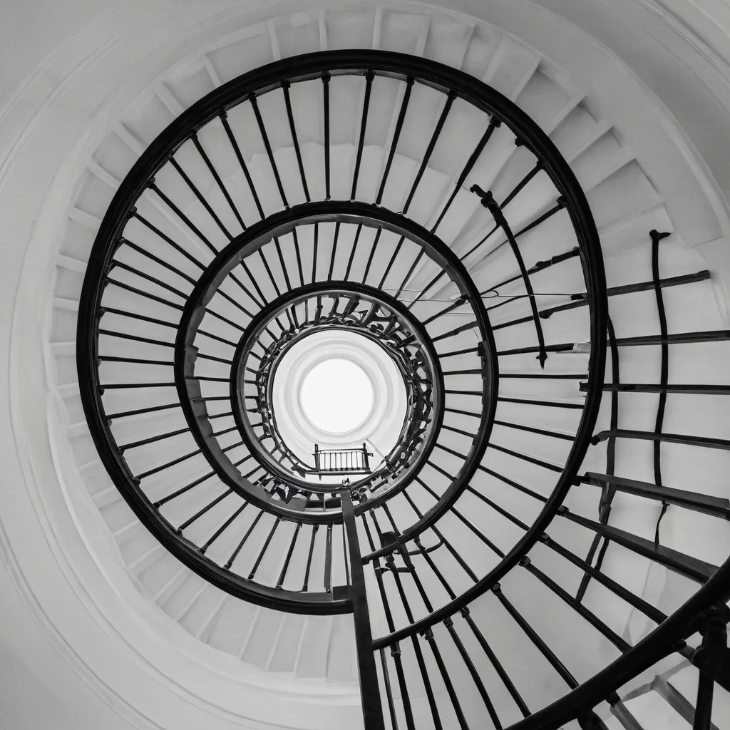 Black and white spiral staircase ascending toward a bright circular skylight