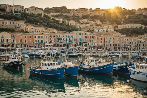 Blue fishing boats docked in a harbor at sunset with stone buildings on the hillside.