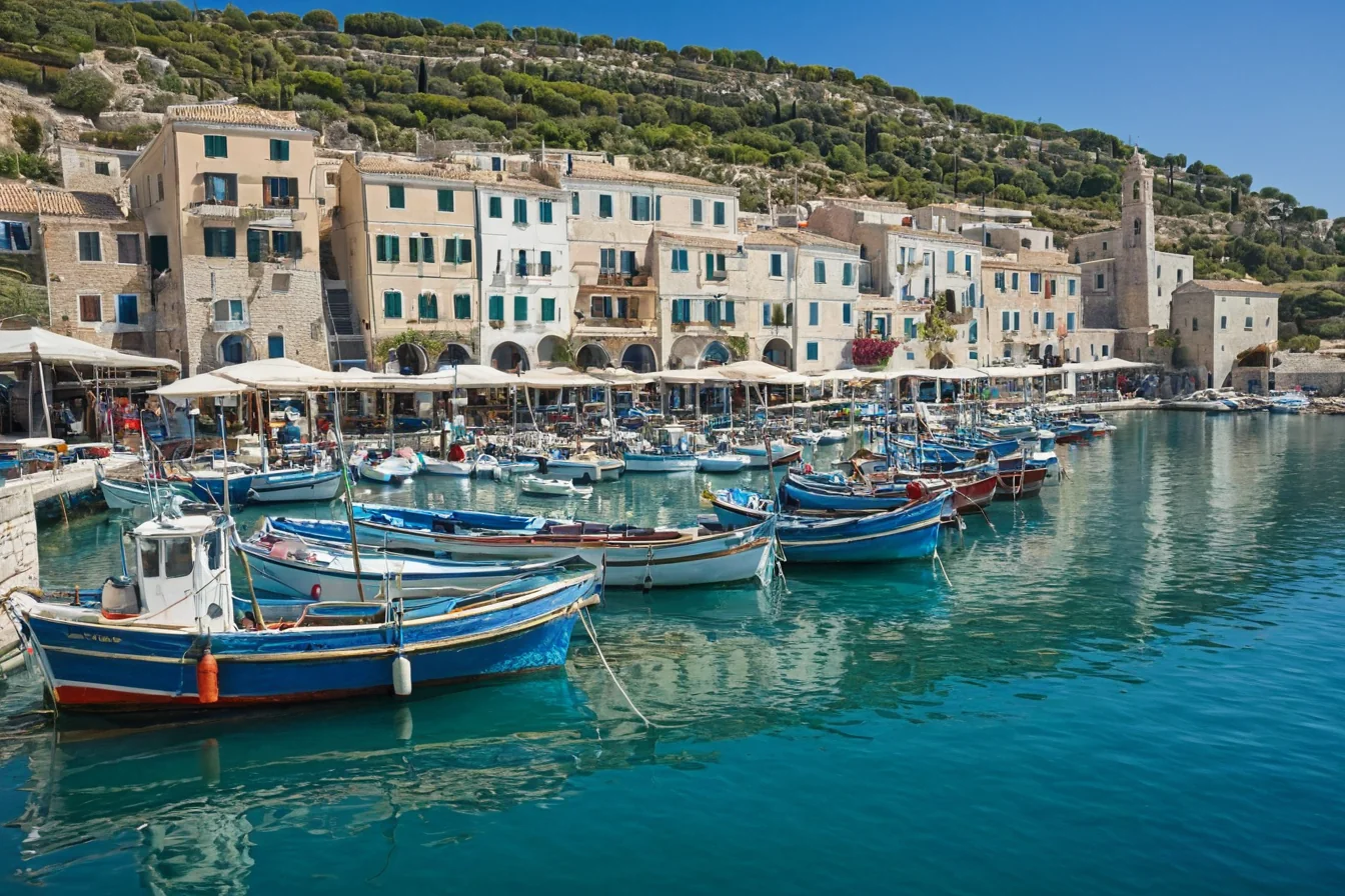 Blue fishing boats docked in a sunny Mediterranean harbor with white buildings on a cliffside.