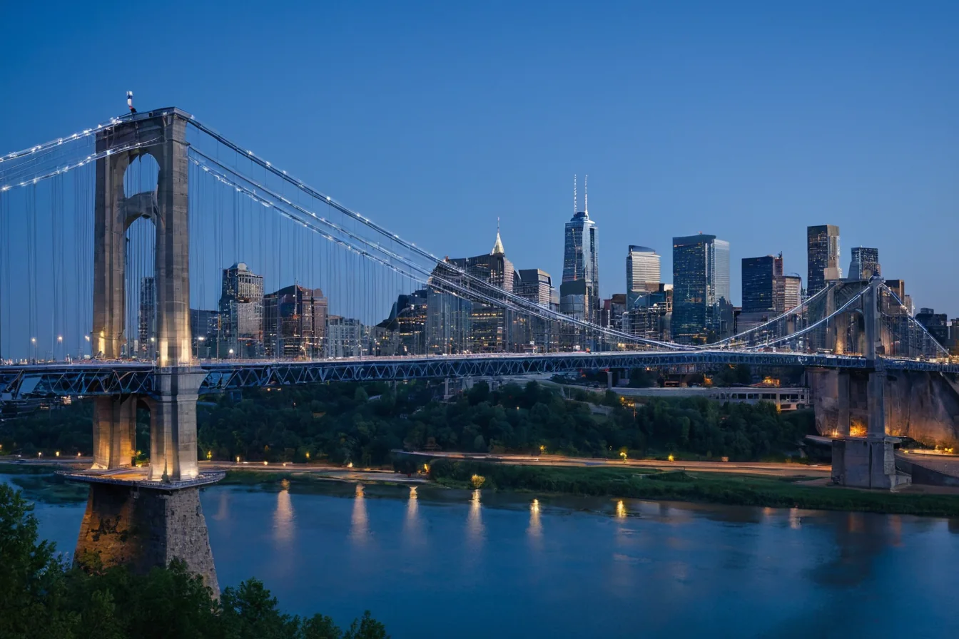 Brooklyn Bridge lit at dusk over river with Manhattan skyline in background