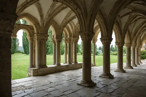 Cloister with stone columns and arches overlooking a green lawn and trees