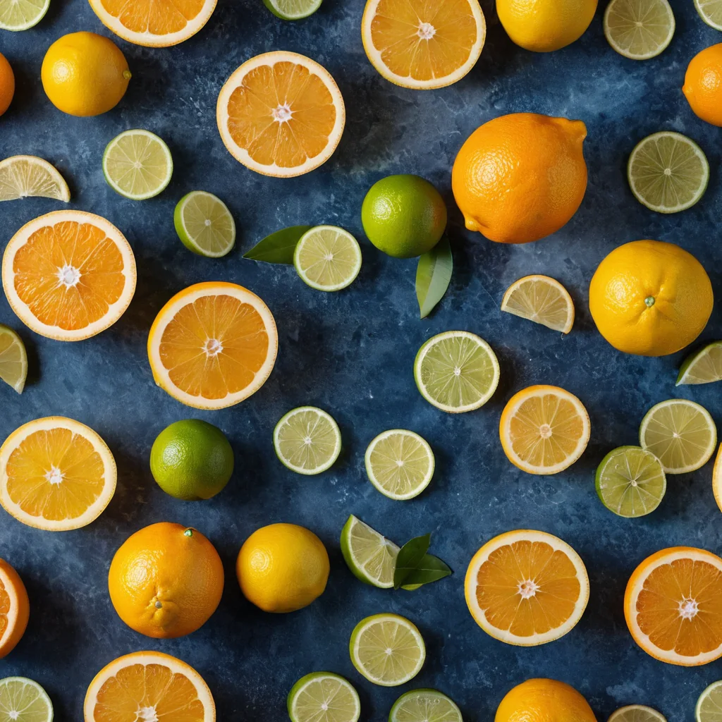 Fresh citrus fruits including oranges limes and lemons sliced and whole on dark blue textured surface