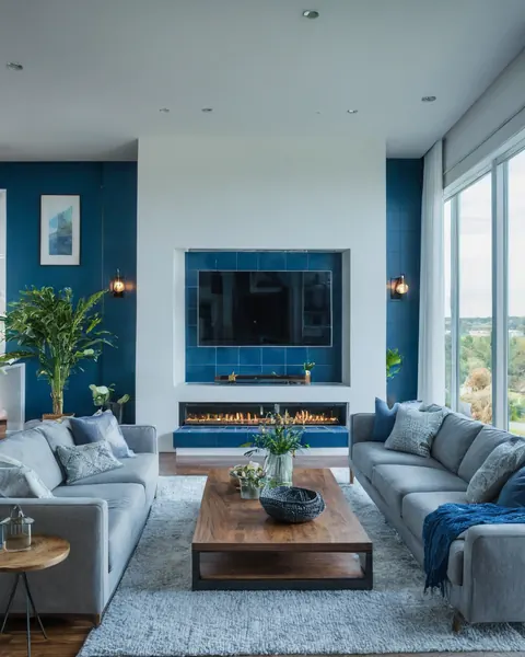 Living room with blue tiled fireplace gray sofas wooden coffee table and large window