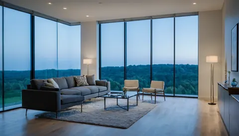 Luxury modern living room with large windows overlooking a forest at dusk.