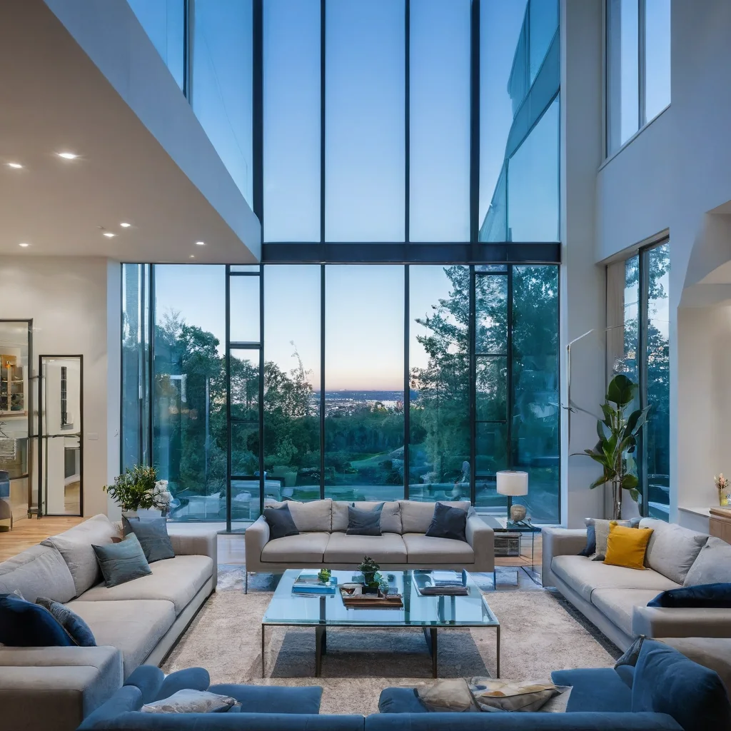 Luxury modern living room with large windows overlooking city and trees at dusk.