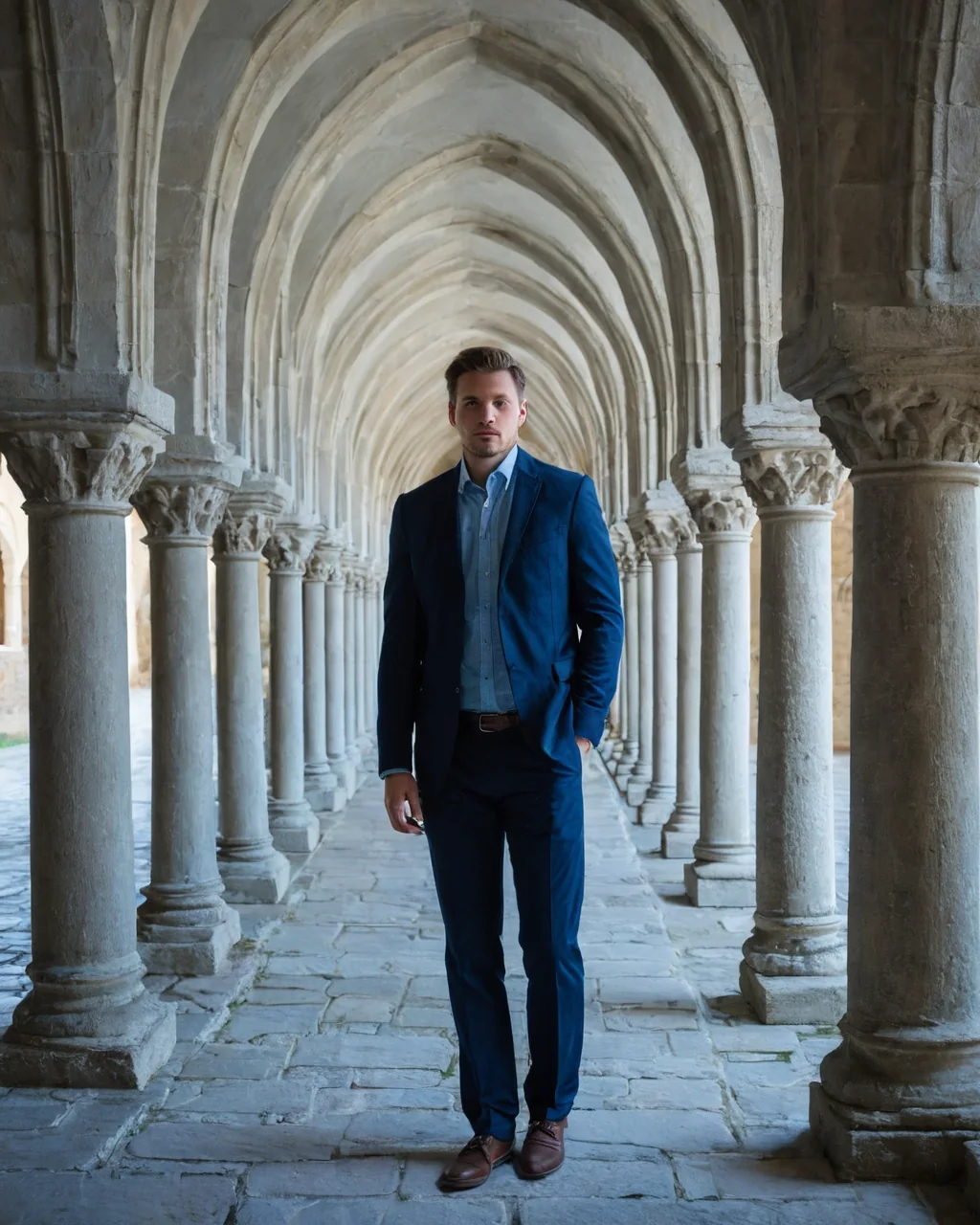 Man in blue suit standing in stone cloister with arched columns