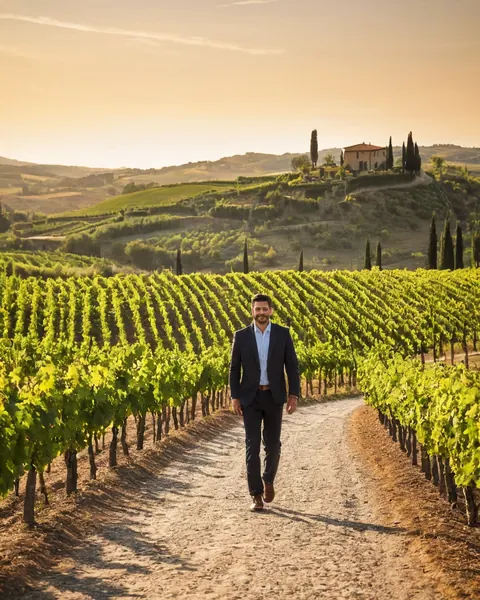 Man in suit walking through vineyard at sunset