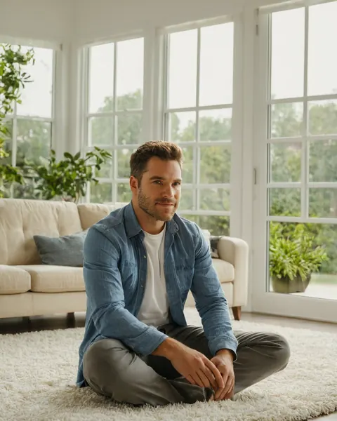 Man sitting cross-legged on a white rug in a bright modern living room with large windows and plants.