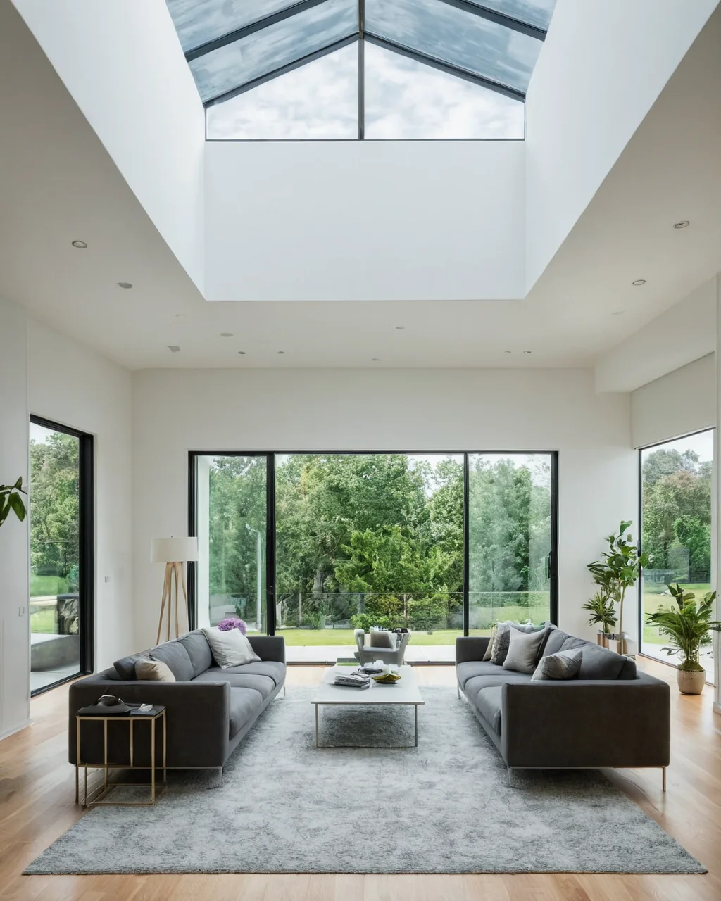 Modern living room with gray sofas and glass walls overlooking green trees.