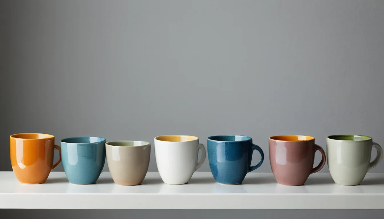 Seven colorful ceramic mugs lined up on a white shelf against a gray wall.