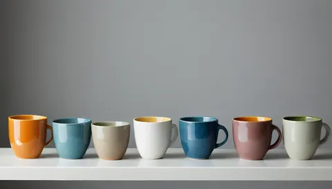Seven colorful ceramic mugs lined up on a white shelf against a gray wall.