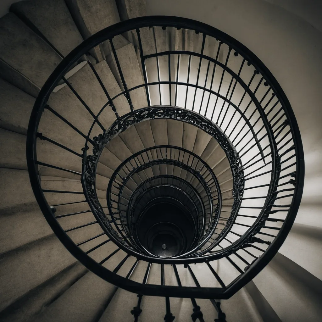 Spiral staircase with black iron railings and concrete steps viewed from above