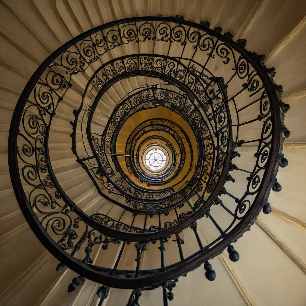 Spiral staircase with black iron railings and cream walls leading to a skylight