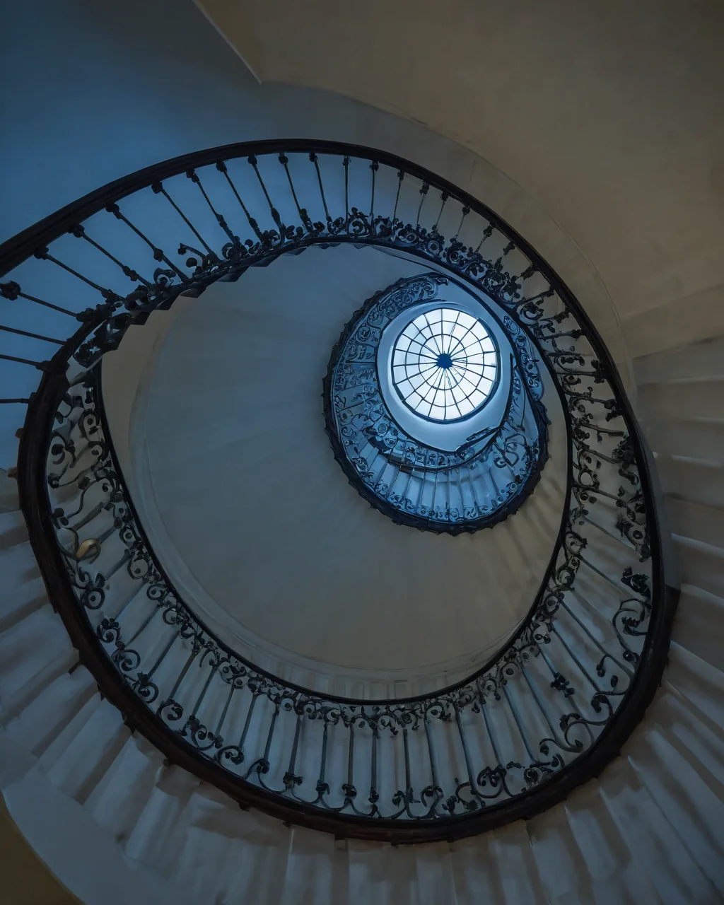 Spiral staircase with black iron railings leading upward to a circular skylight.