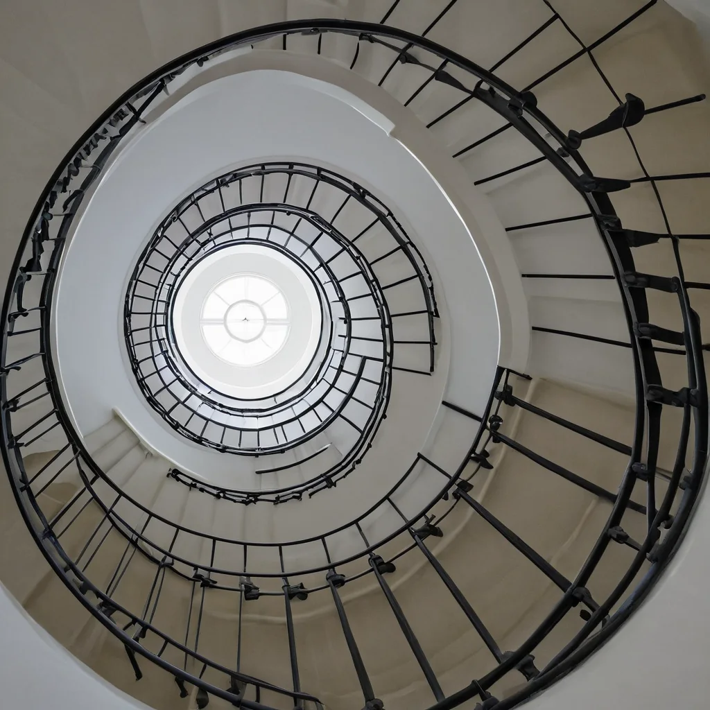 Spiral staircase with black railings and white walls leading to a skylight