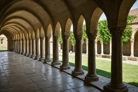 Stone cloister with arches and columns casting shadows on a paved path beside a green lawn.