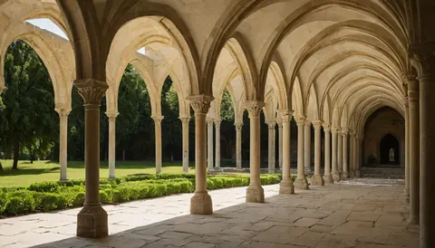 Stone cloister with arches and columns casting shadows on a paved path beside green hedges and trees.