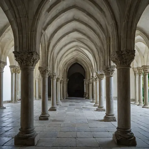 Stone cloister with pointed arches and carved capitals leading into shadowed depth.