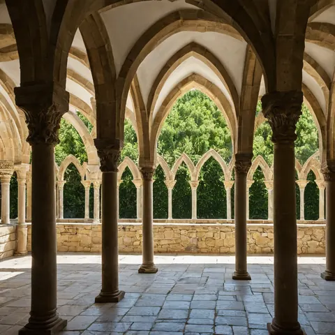 Stone cloister with pointed arches and columns framing a view of green trees and sunlight.