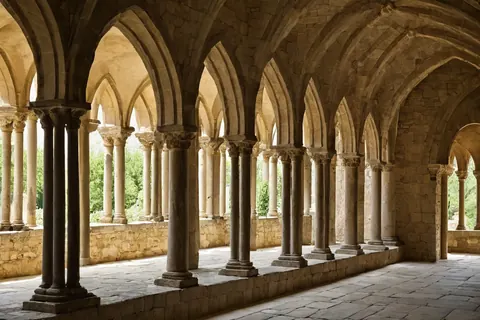 Stone cloister with pointed arches and columns under soft sunlight with greenery visible through openings