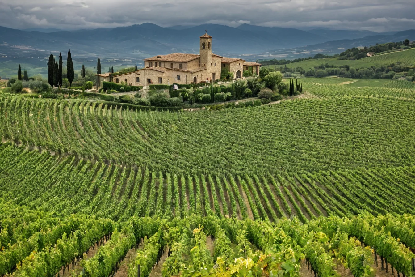 Stone villa with bell tower nestled among terraced vineyards on a cloudy day.