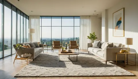Sunlit modern living room with beige sofas and floor-to-ceiling windows overlooking a scenic valley.