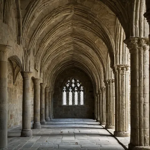 Sunlit stone cloister with Gothic arches and columns leading to a stained glass window.