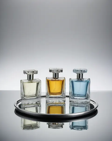 Three perfume bottles with clear amber and blue liquids on a silver tray with reflections