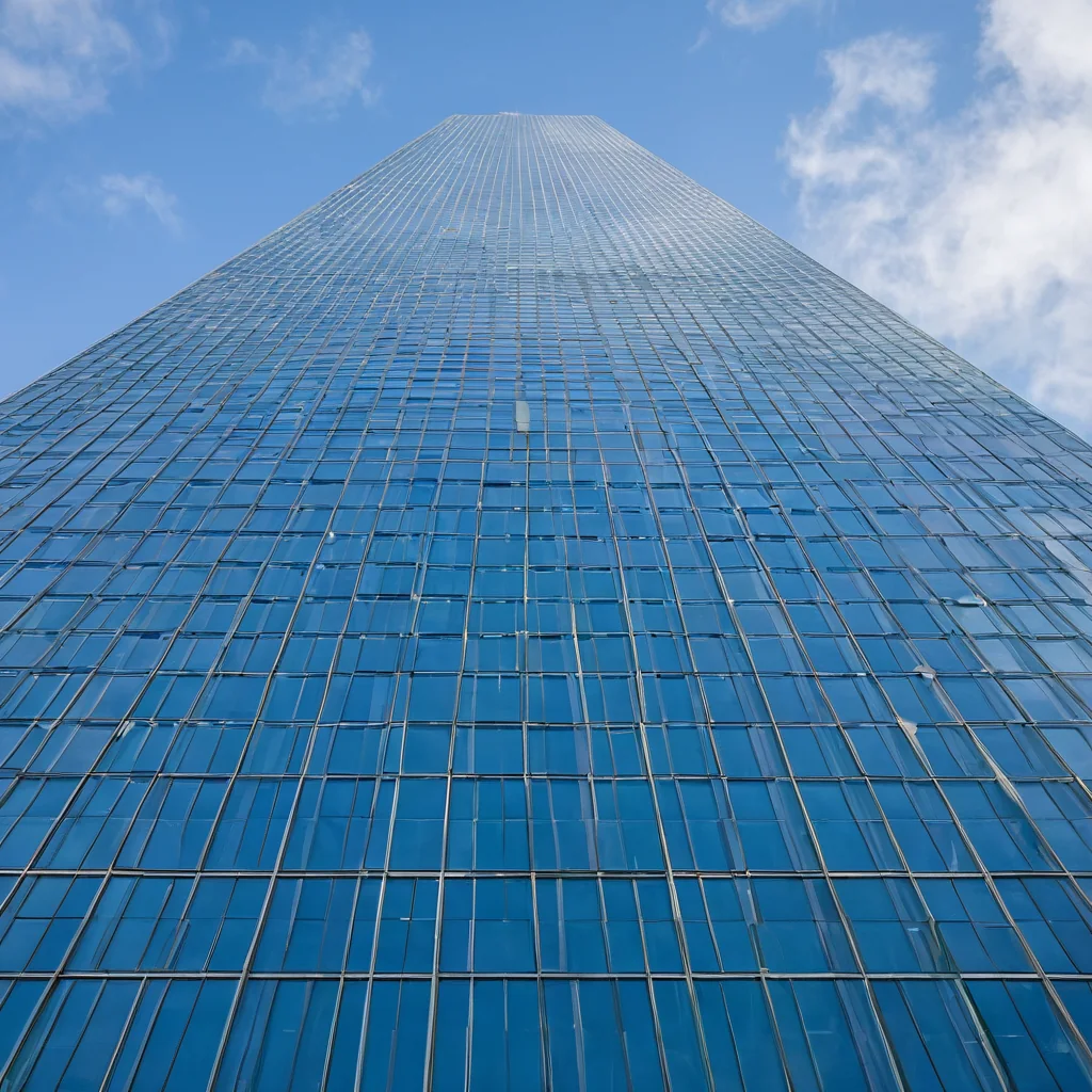 Towering glass skyscraper against a blue sky with white clouds