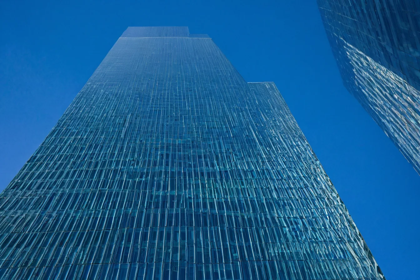 Towering glass skyscraper against a clear blue sky
