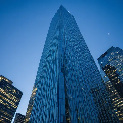 Towering glass skyscraper against twilight sky with illuminated windows and surrounding buildings