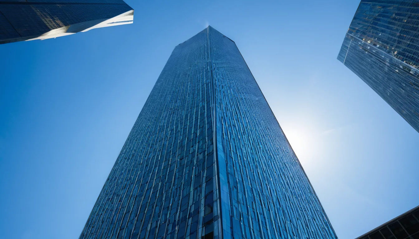 Towering glass skyscraper reaching into clear blue sky with sun glare